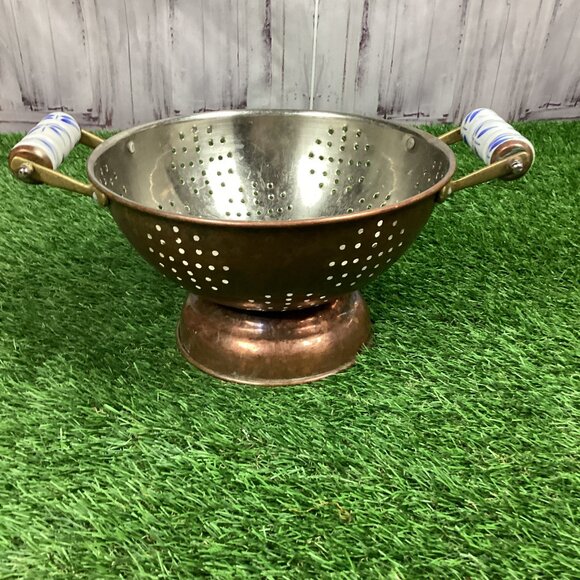 Vintage Copper Colander Tin Lined Porcelain Handles